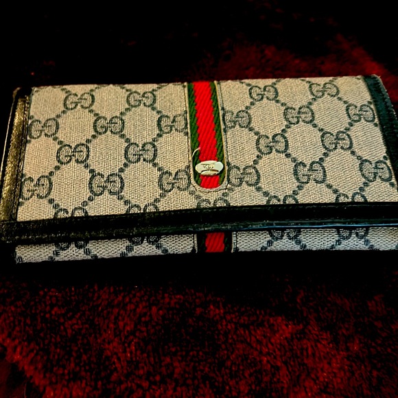 Gucci Vintage long wallet beige and navy with navy leather trim